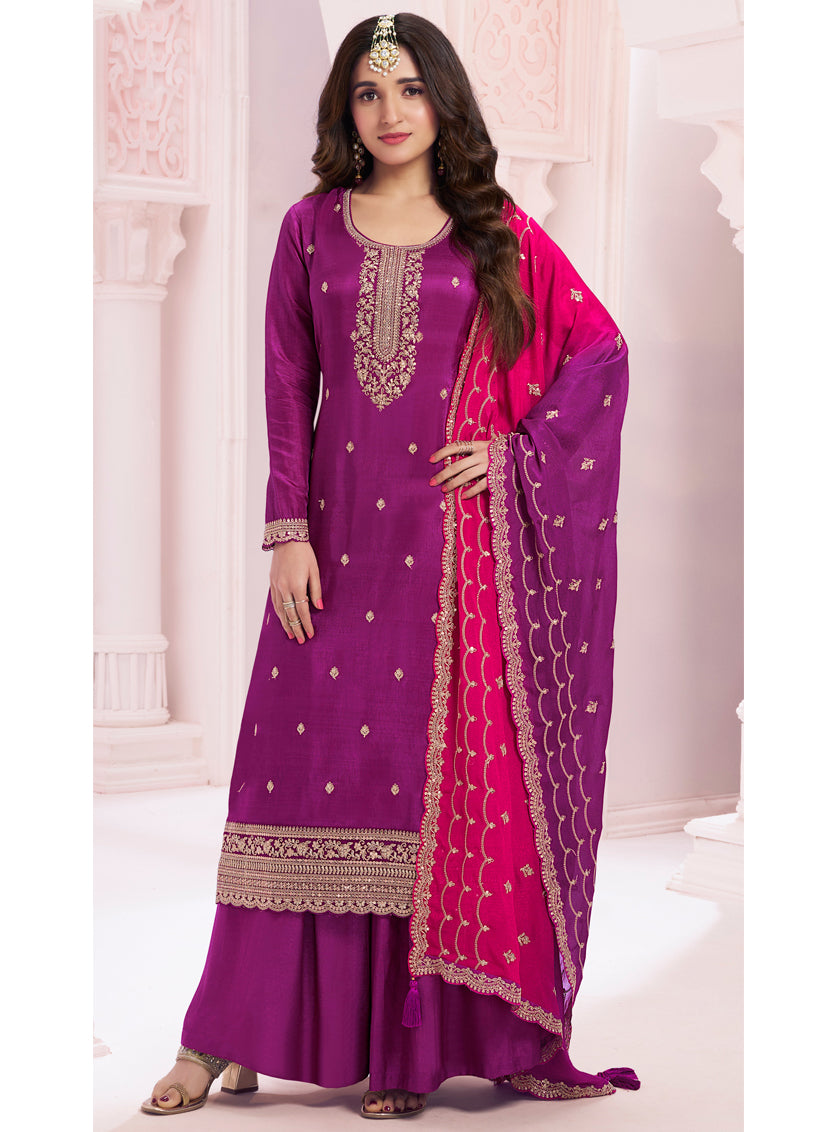 Nidhi Shah Magenta Silk Georgette Embroidered Palazzo Suit