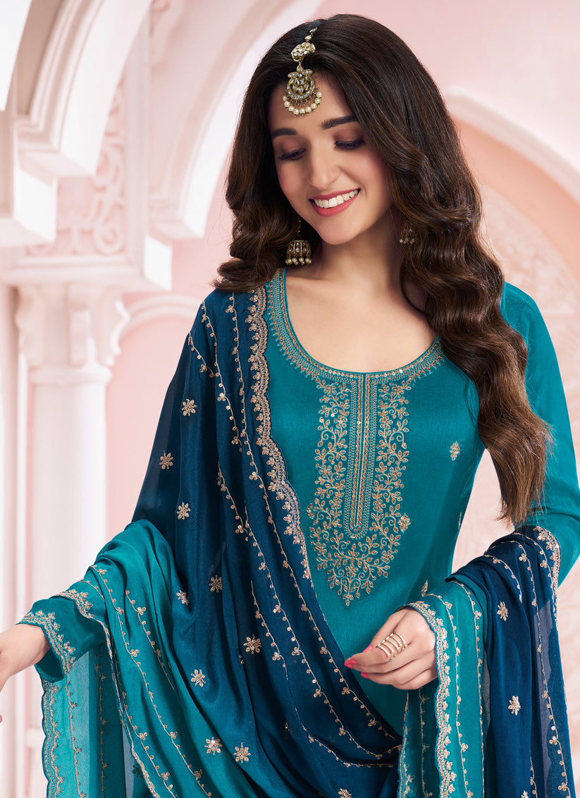 Nidhi Shah Peacock Blue Silk Georgette Embroidered Palazzo Suit