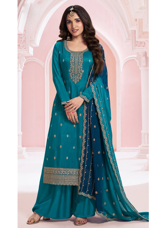 Nidhi Shah Peacock Blue Silk Georgette Embroidered Palazzo Suit