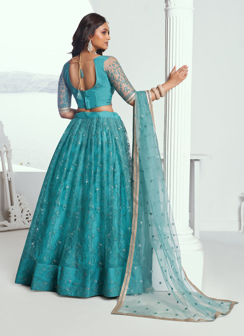 Firozi Net Embroidered Wedding Lehenga Choli Set