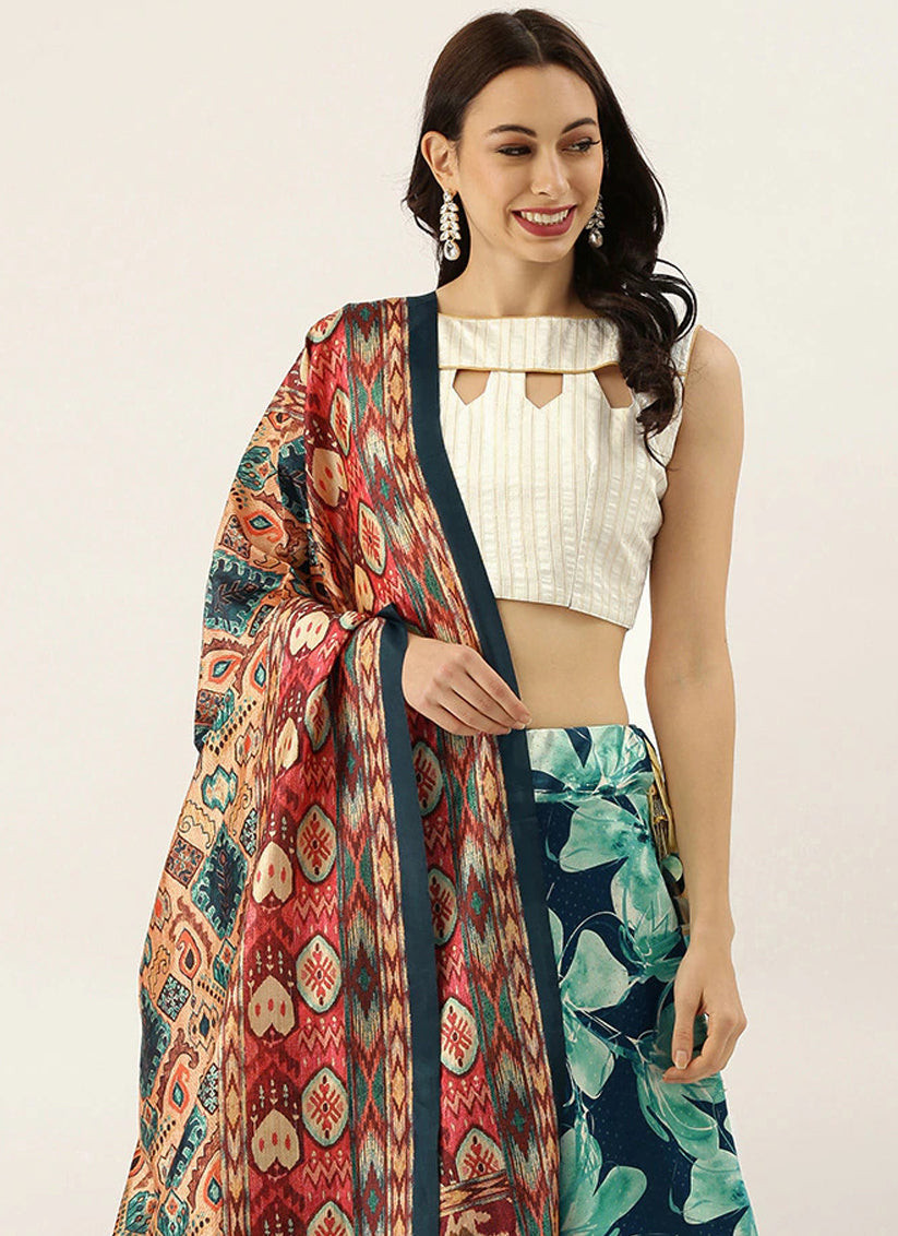 Blue Satin Silk Blend Digital Print Navratri Specials Chaniya Choli