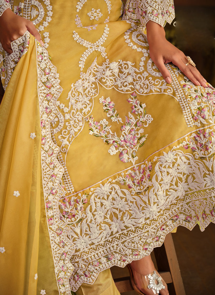 Maize Yellow Organza Embroidered Pant Kameez
