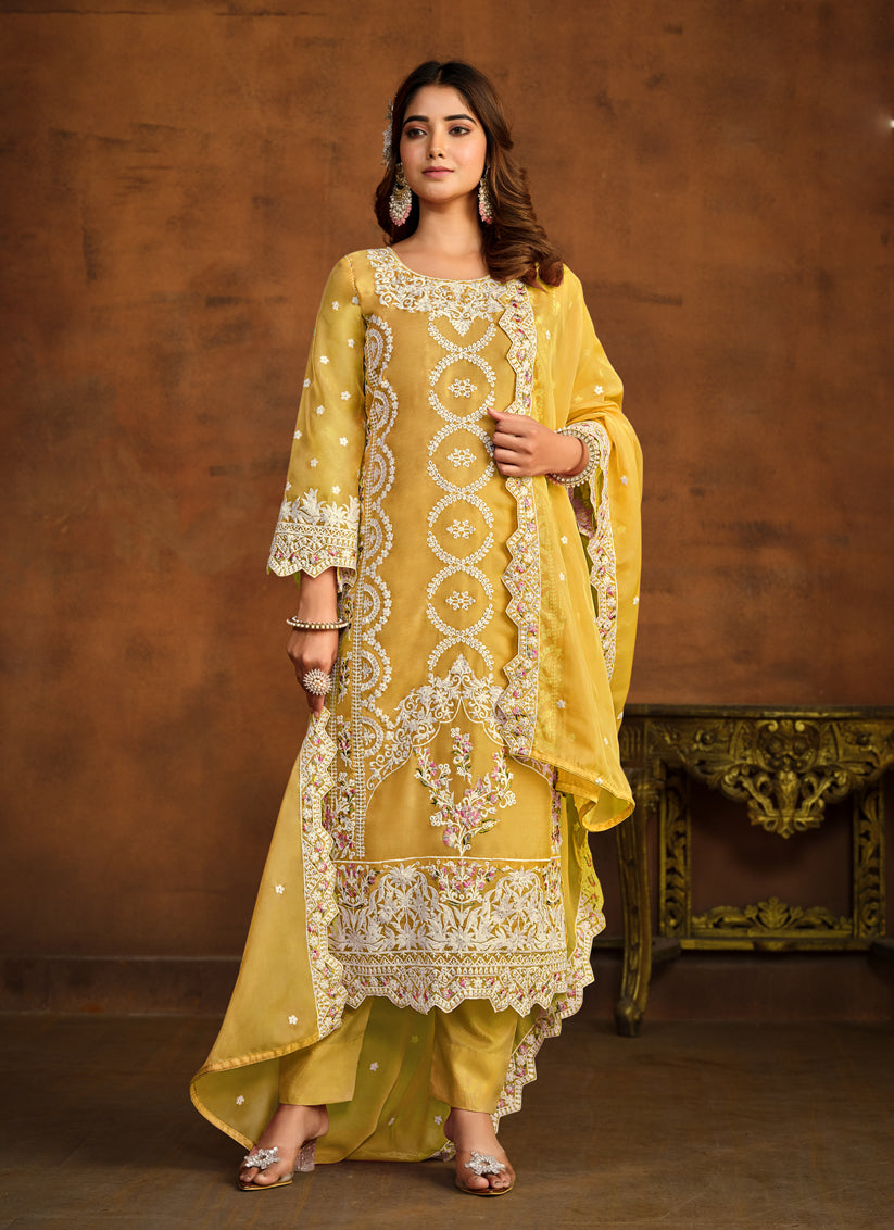 Maize Yellow Organza Embroidered Pant Kameez