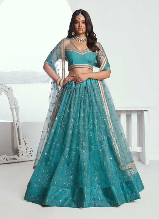 Firozi Net Embroidered Wedding Lehenga Choli Set