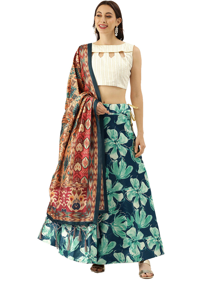 Blue Satin Silk Blend Digital Print Navratri Specials Chaniya Choli