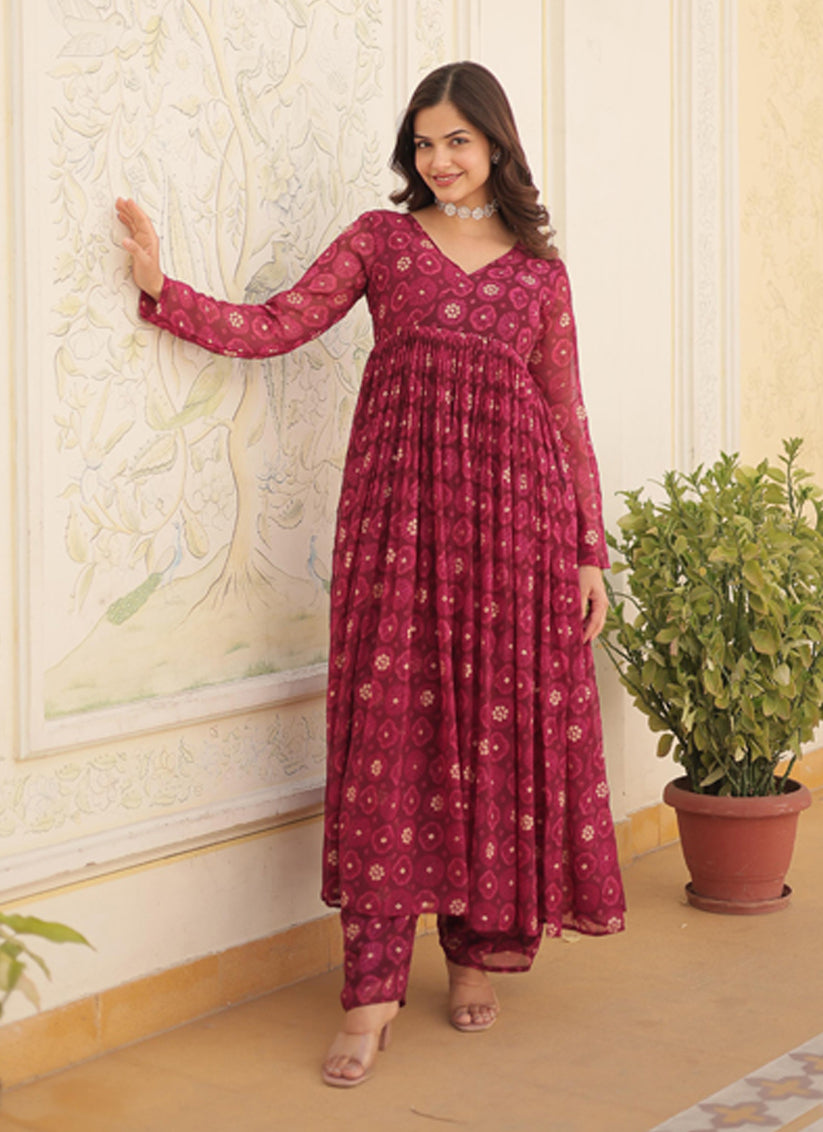 Maroon Faux Georgette Foil Print Kurti with Bottom