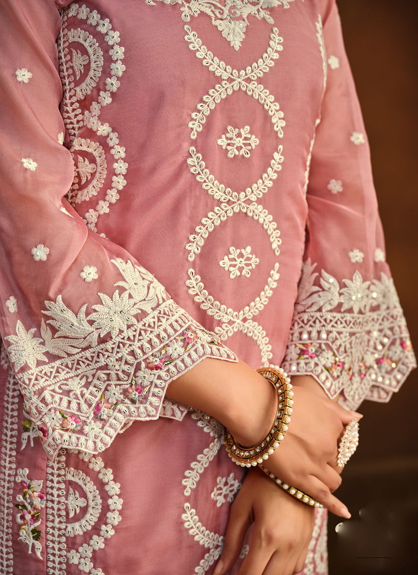Cherry Pink Organza Embroidered Pant Kameez