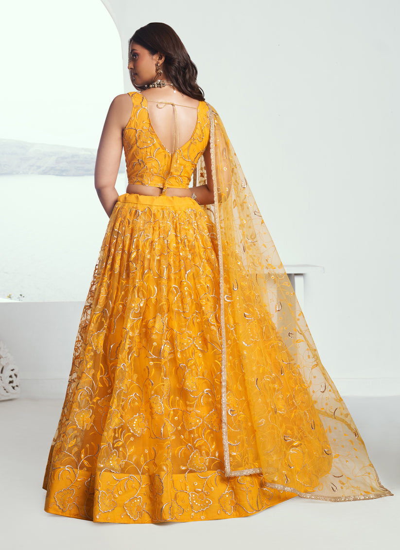 Golden Yellow Net Embroidered Wedding Lehenga Choli Set