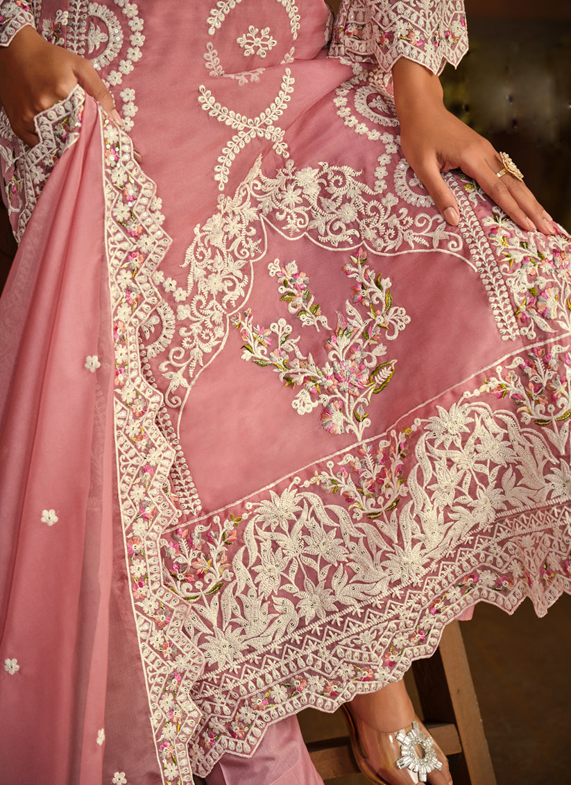 Cherry Pink Organza Embroidered Pant Kameez