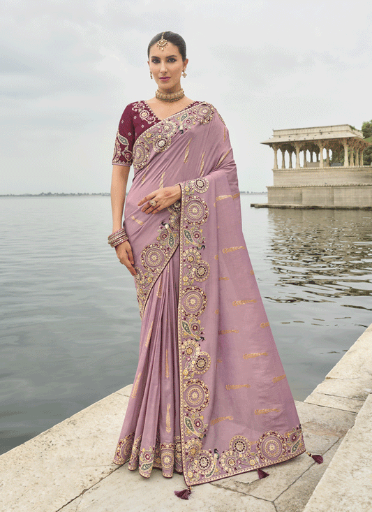 Mauve Pink Embroidered Tissue Silk Wedding Saree