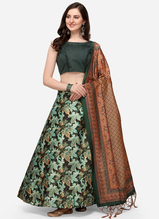 Green Satin Silk Blend Digital Print Navratri Specials Chaniya Choli