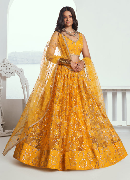 Golden Yellow Net Embroidered Wedding Lehenga Choli Set