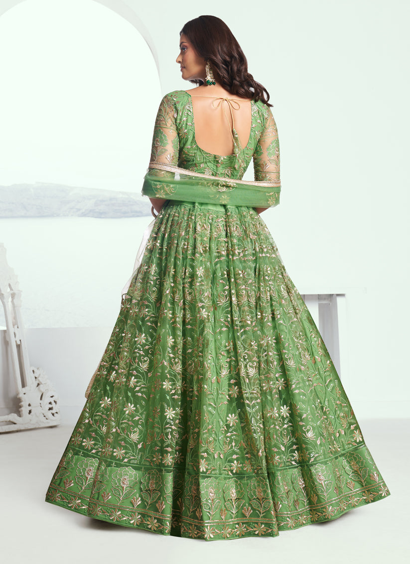 Parrot Green Net Embroidered Wedding Lehenga Choli Set