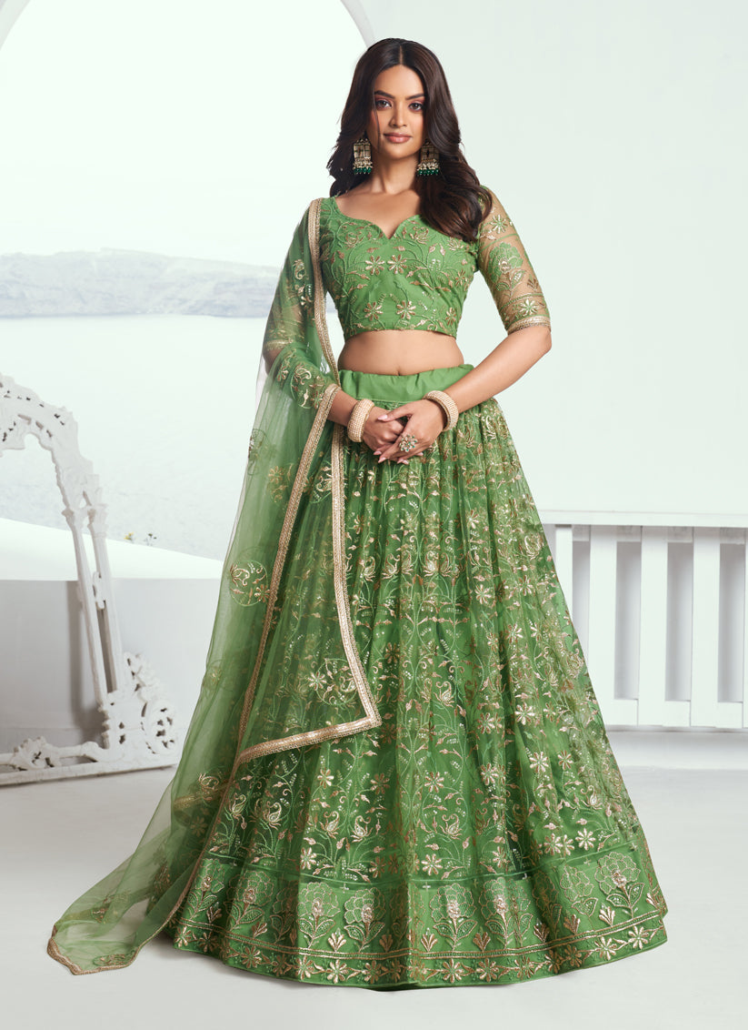 Parrot Green Net Embroidered Wedding Lehenga Choli Set