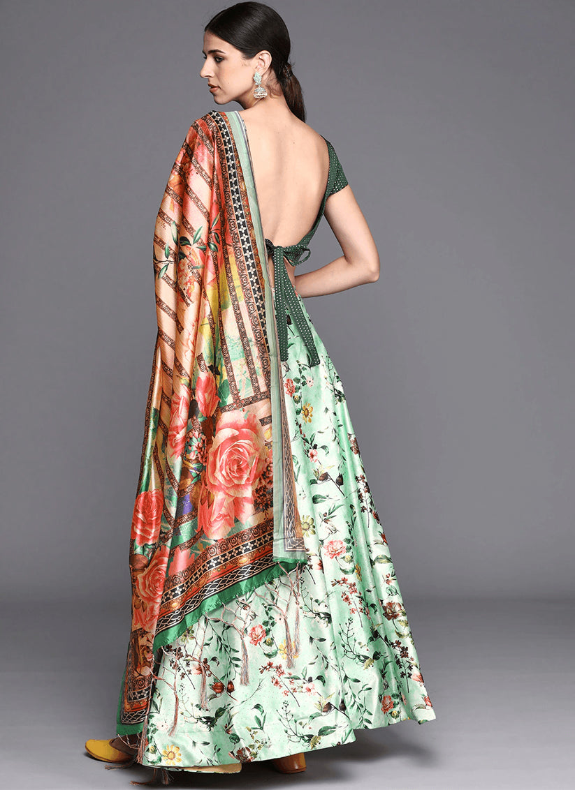 Light Green Satin Silk Blend Digital Print Navratri Specials Chaniya Choli