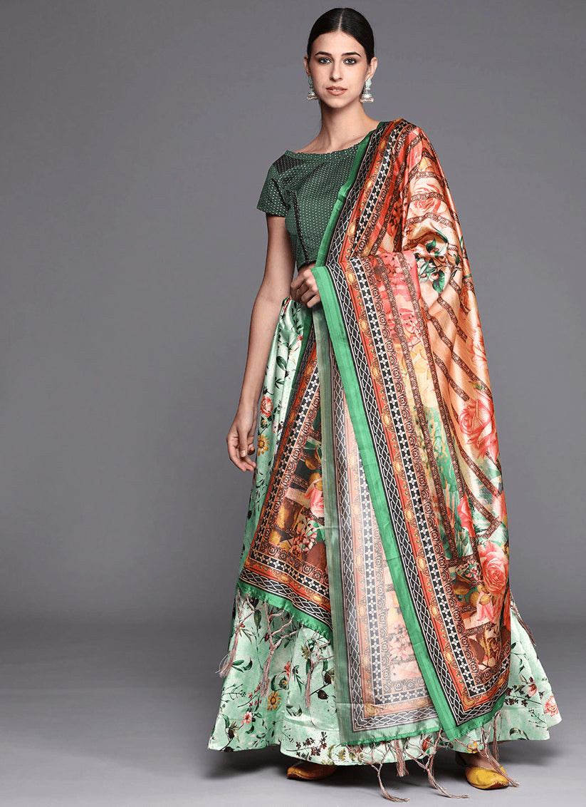 Light Green Satin Silk Blend Digital Print Navratri Specials Chaniya Choli