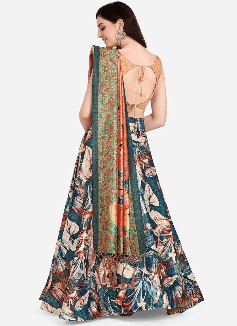 Blue Satin Silk Blend Digital Print Navratri Specials Chaniya Choli