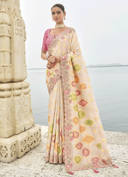 Off White Embroidered Tissue Silk Wedding Saree