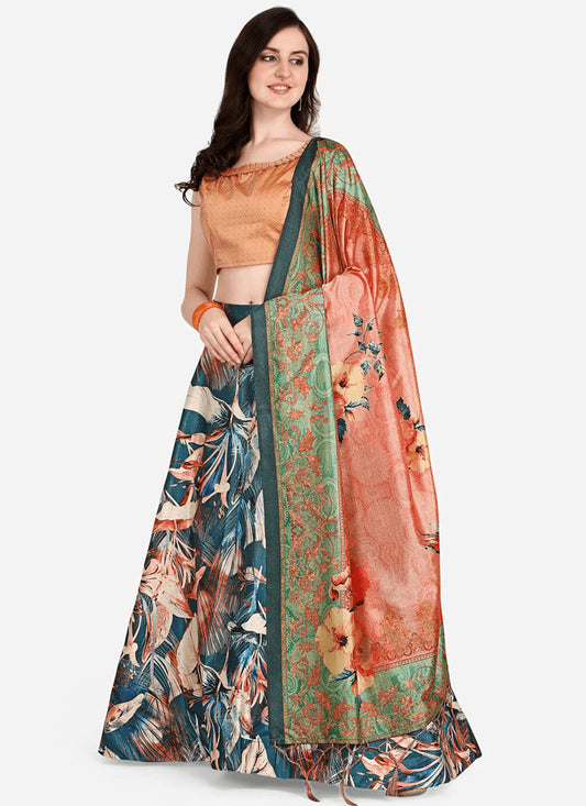 Blue Satin Silk Blend Digital Print Navratri Specials Chaniya Choli