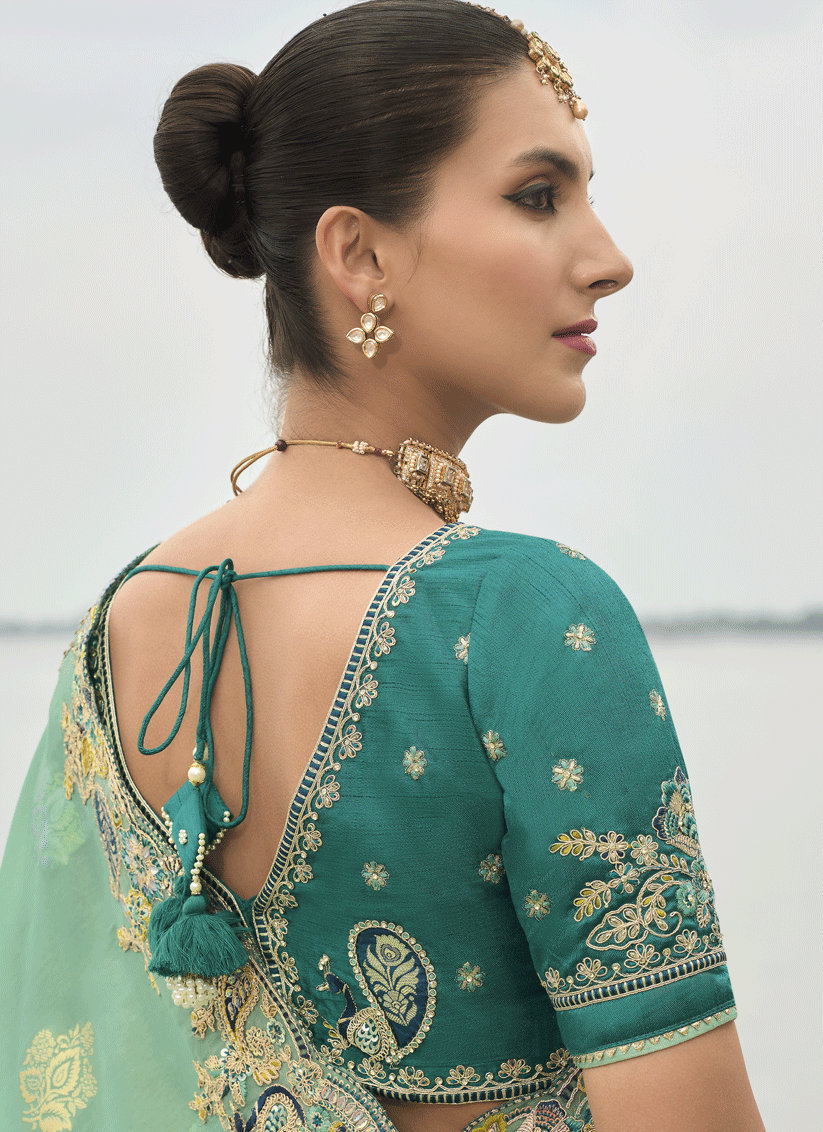 Sea Green  Embroidered Tissue Silk Wedding Saree