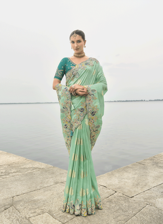 Sea Green  Embroidered Tissue Silk Wedding Saree