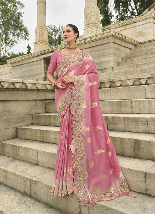 Pink Tissue Embroidered Tissue Silk Wedding Saree