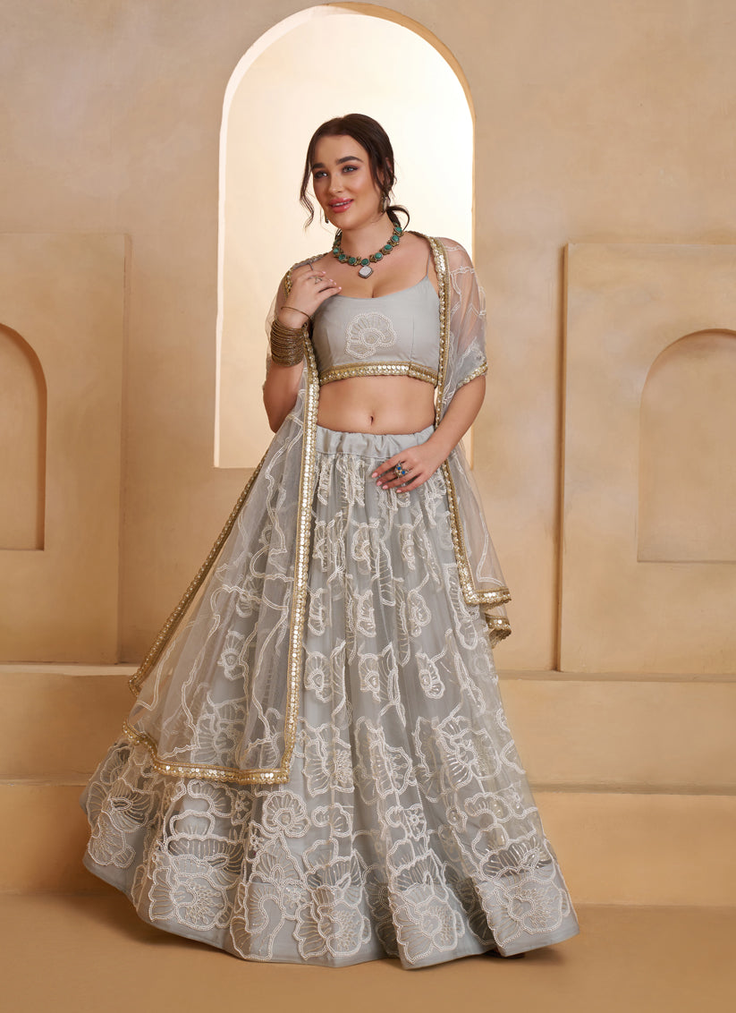 Elegant Gray Net Designer Lehenga Choli with Bead Work