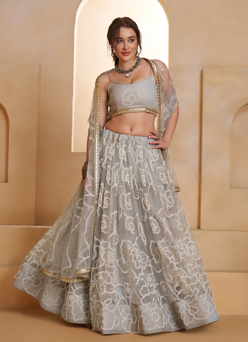 Elegant Gray Net Designer Lehenga Choli with Bead Work