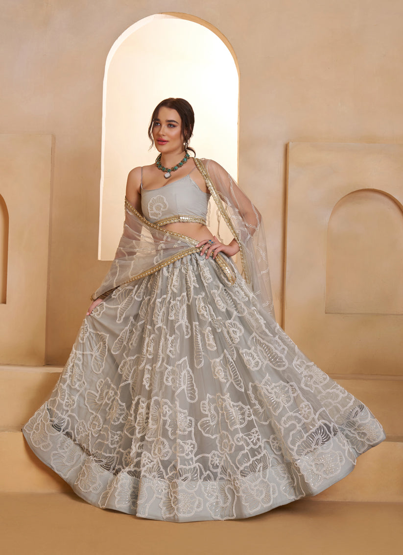Elegant Gray Net Designer Lehenga Choli with Bead Work