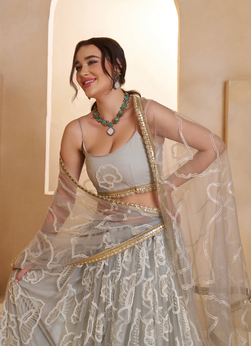 Elegant Gray Net Designer Lehenga Choli with Bead Work