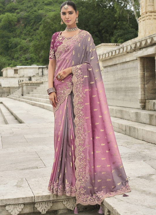 Mauve Tissue Embroidered Tissue Silk Wedding Saree