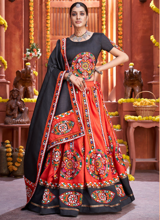 Coral Red Art Silk Embroidered Navaratri Specials Readymade Chaniya Choli