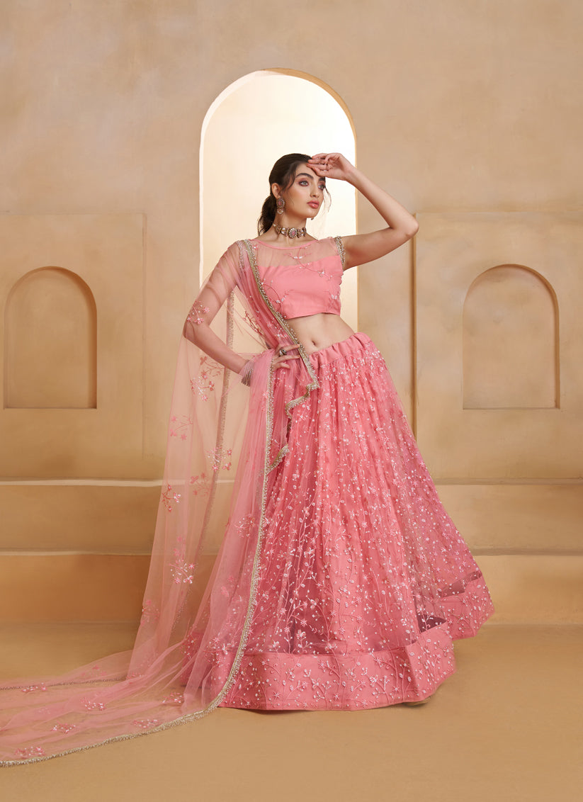 Elegant Pink Net Designer Lehenga Choli with Bead Work
