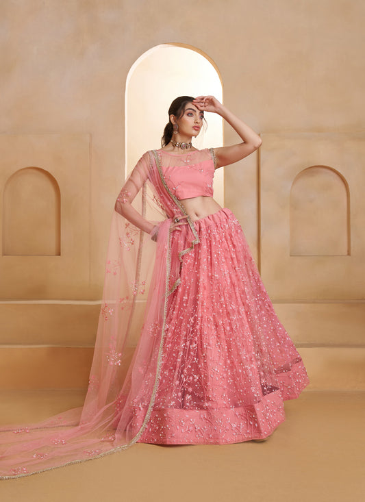 Elegant Pink Net Designer Lehenga Choli with Bead Work