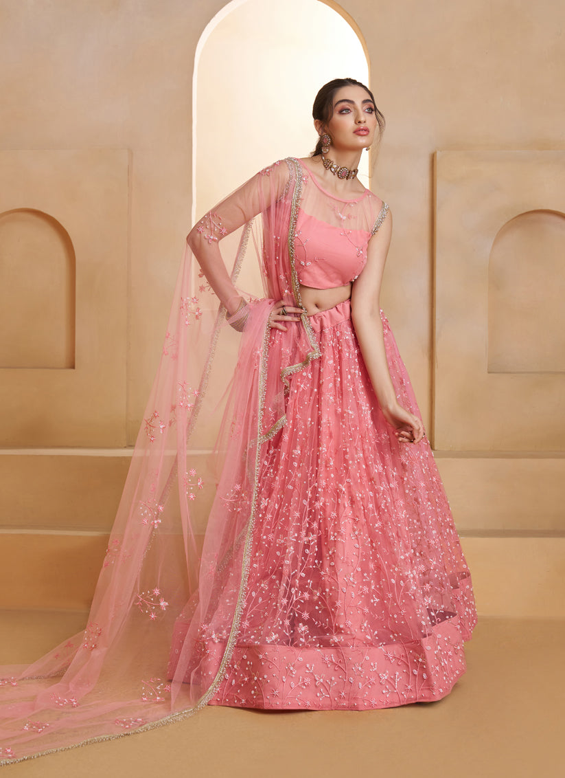 Elegant Pink Net Designer Lehenga Choli with Bead Work