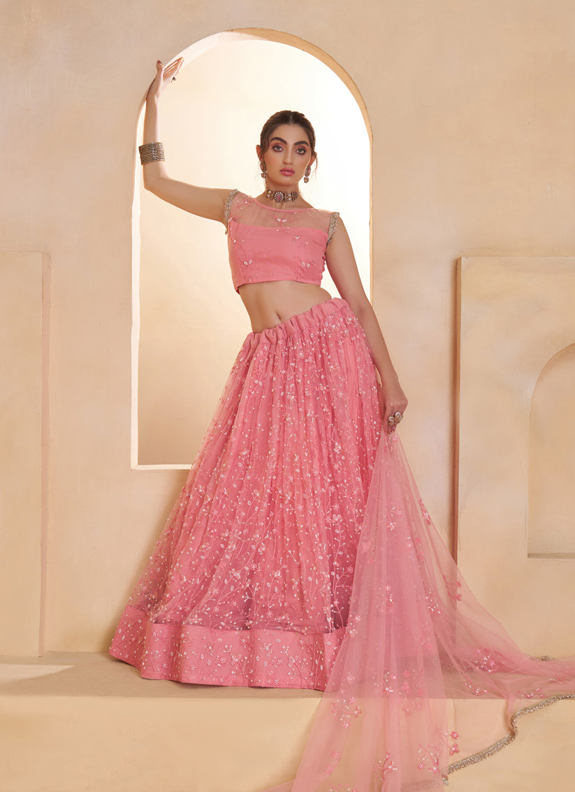Elegant Pink Net Designer Lehenga Choli with Bead Work