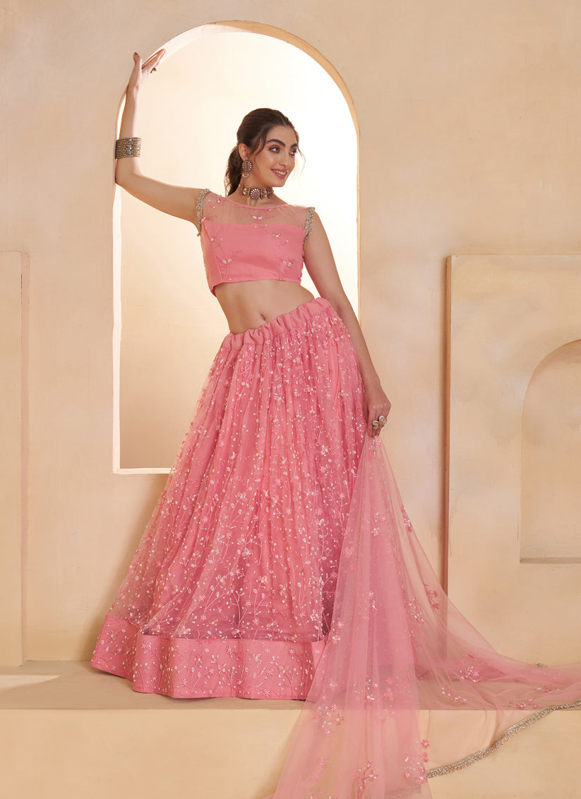Elegant Pink Net Designer Lehenga Choli with Bead Work