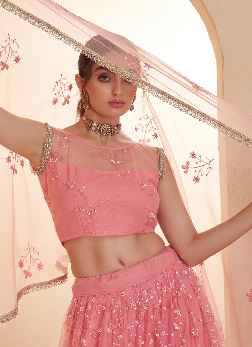 Elegant Pink Net Designer Lehenga Choli with Bead Work