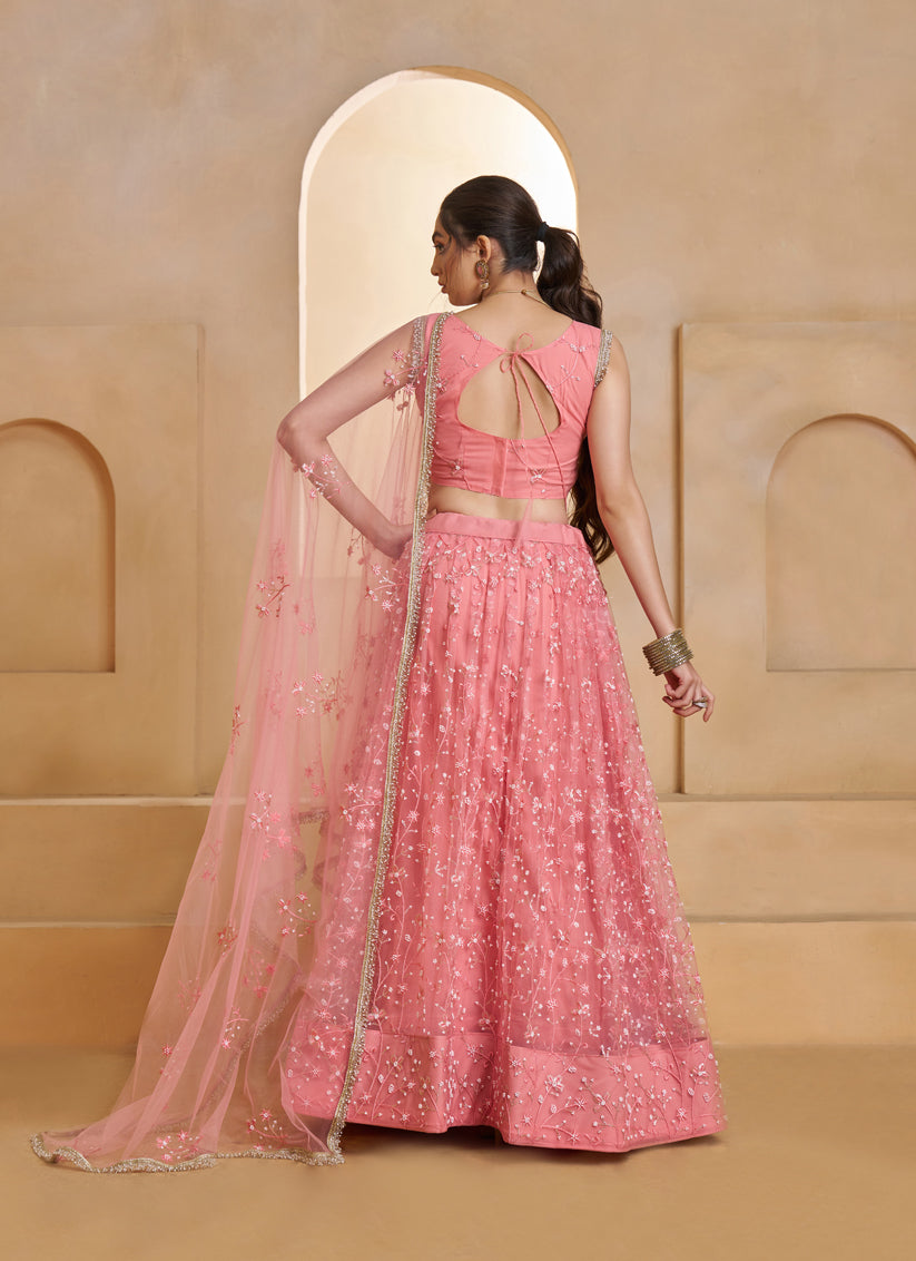 Elegant Pink Net Designer Lehenga Choli with Bead Work