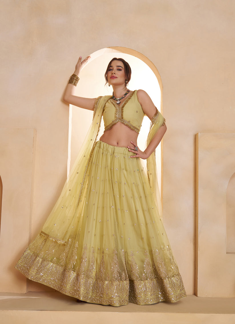 Elegant Yellow Net Designer Lehenga Choli with Bead Work
