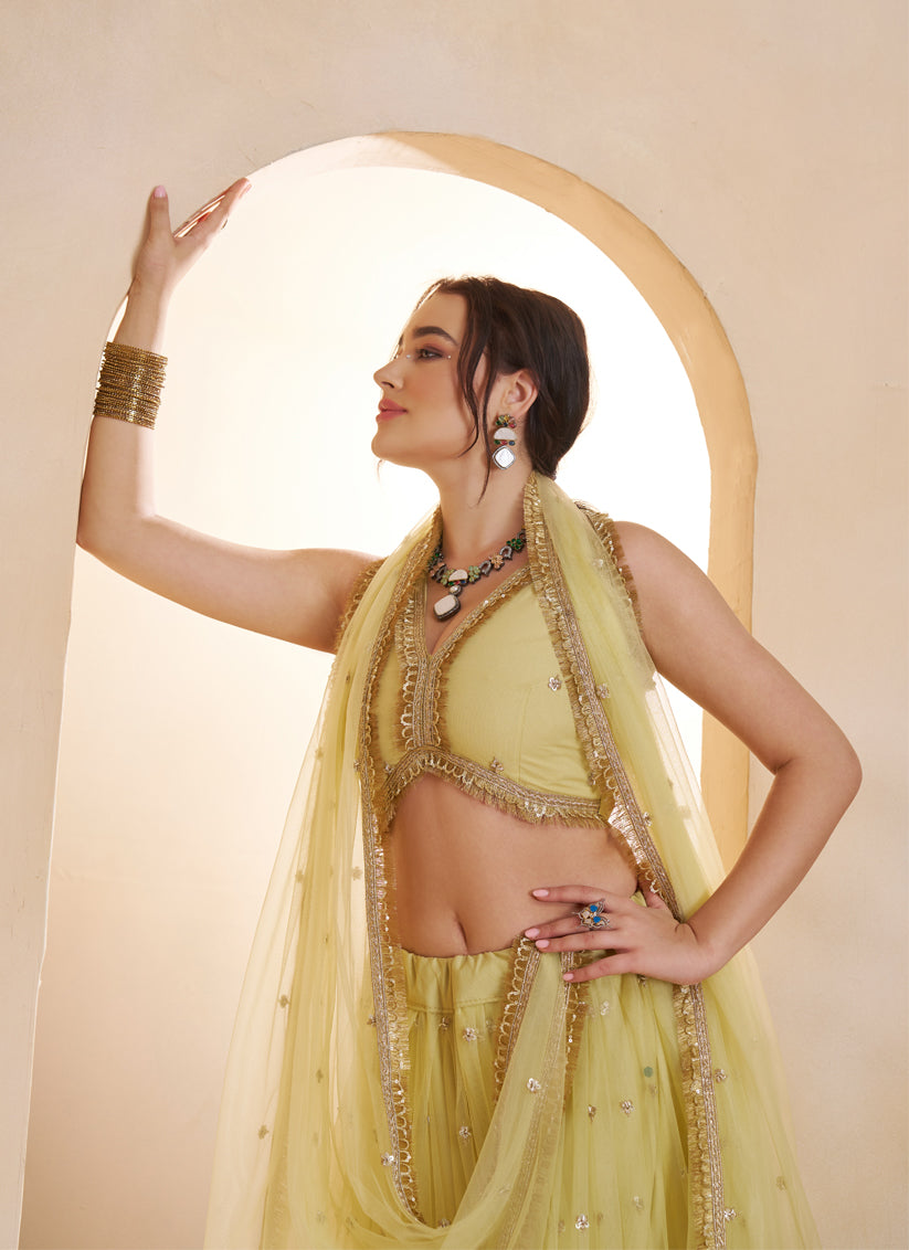Elegant Yellow Net Designer Lehenga Choli with Bead Work