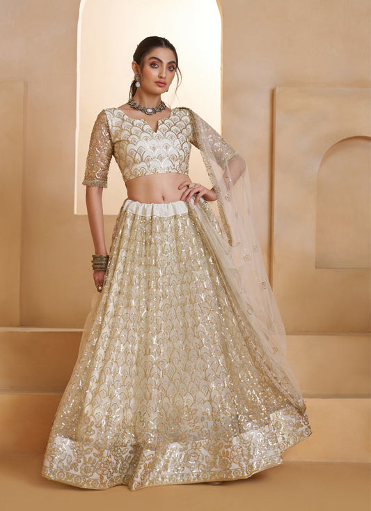 Elegant Off White Net Designer Lehenga Choli with Bead Work