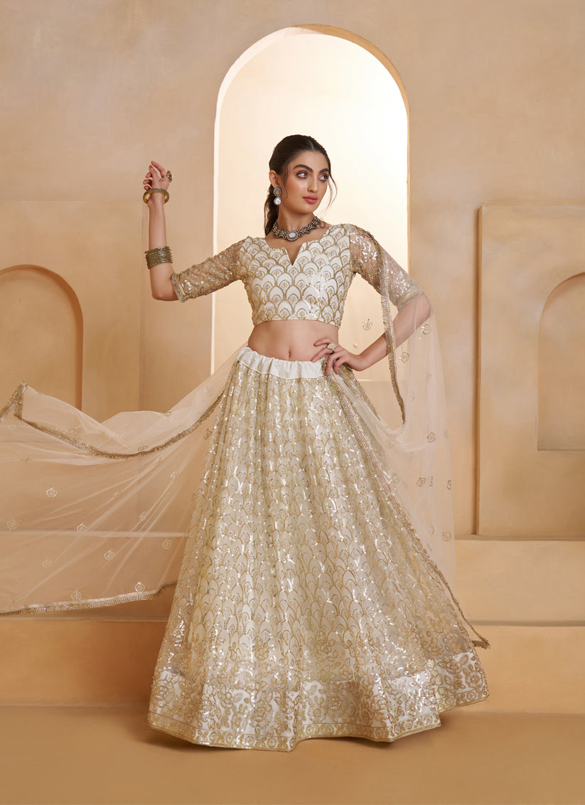 Elegant Off White Net Designer Lehenga Choli with Bead Work