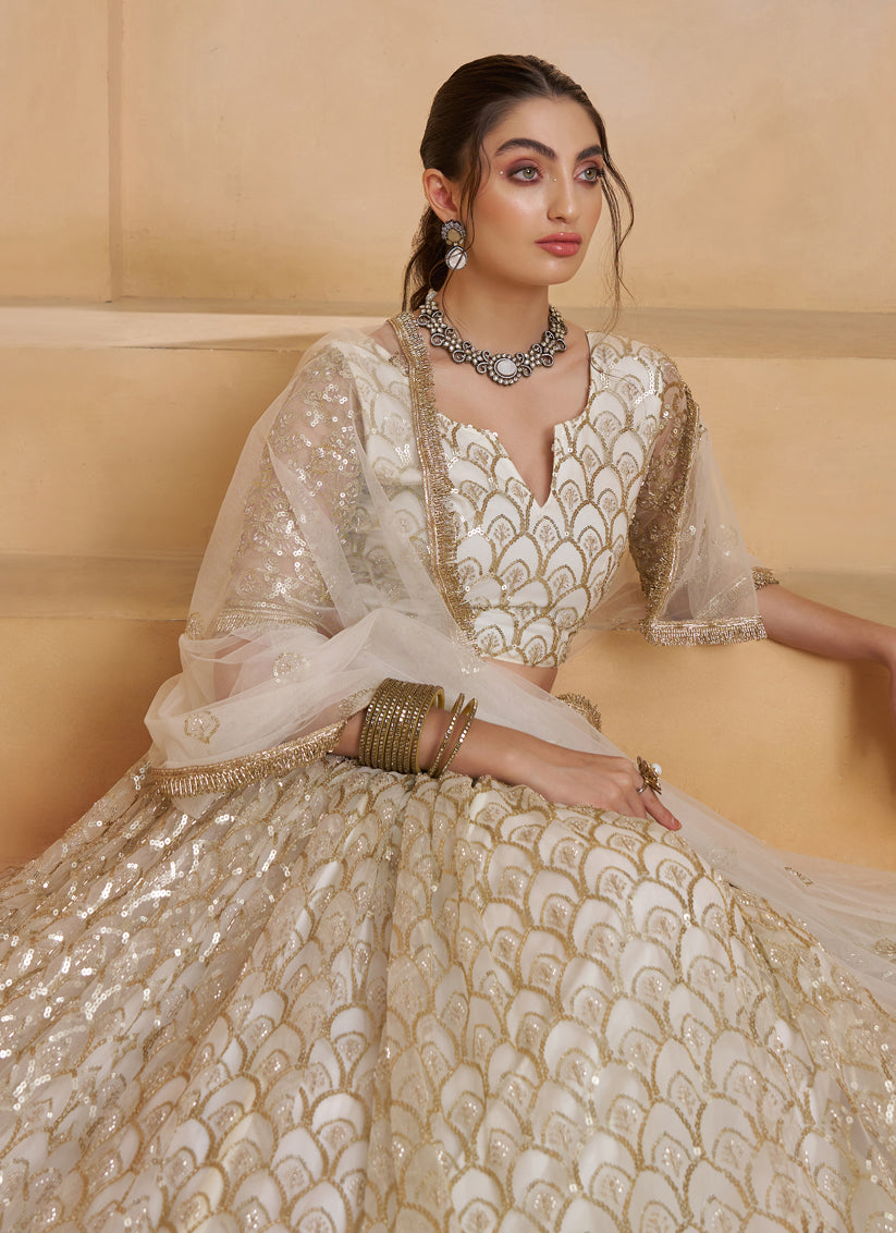 Elegant Off White Net Designer Lehenga Choli with Bead Work