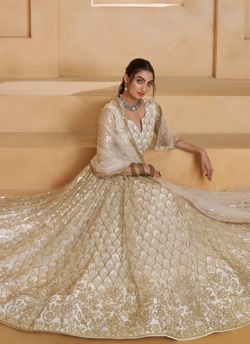 Elegant Off White Net Designer Lehenga Choli with Bead Work