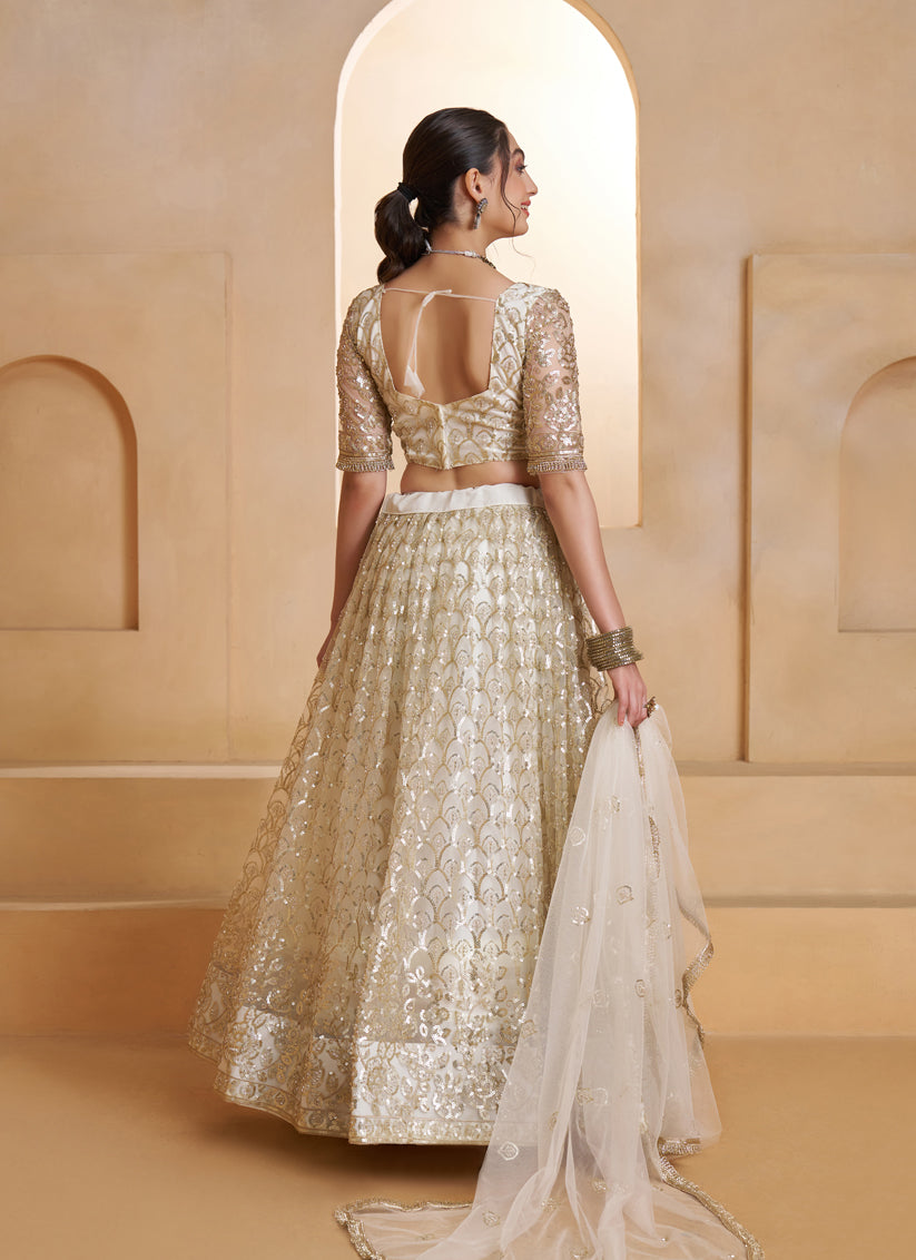 Elegant Off White Net Designer Lehenga Choli with Bead Work