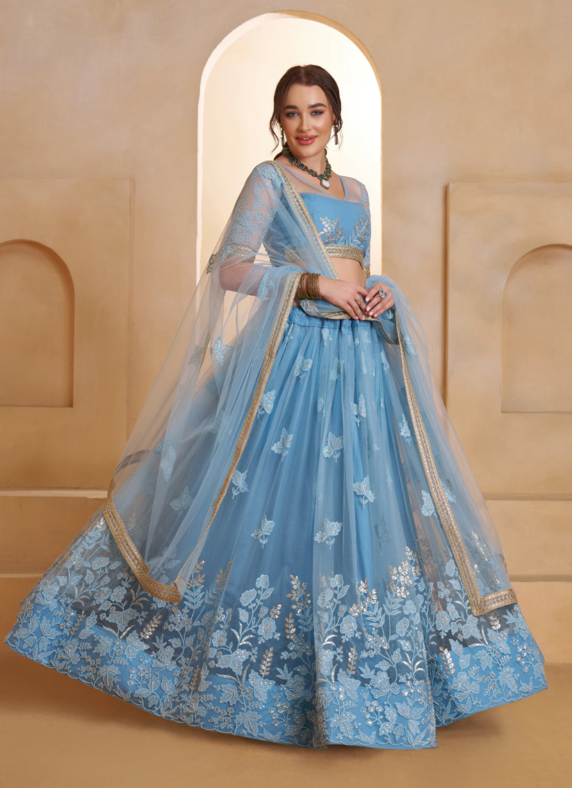 Elegant Mint Blue Net Designer Lehenga Choli with Bead Work