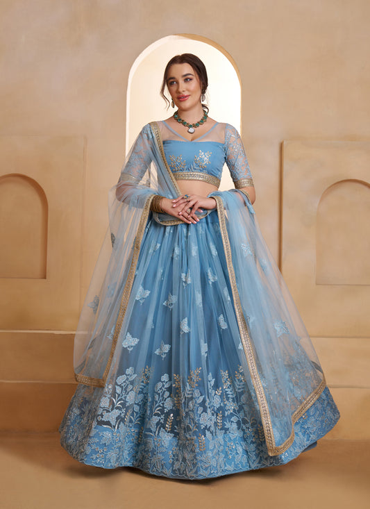 Elegant Mint Blue Net Designer Lehenga Choli with Bead Work