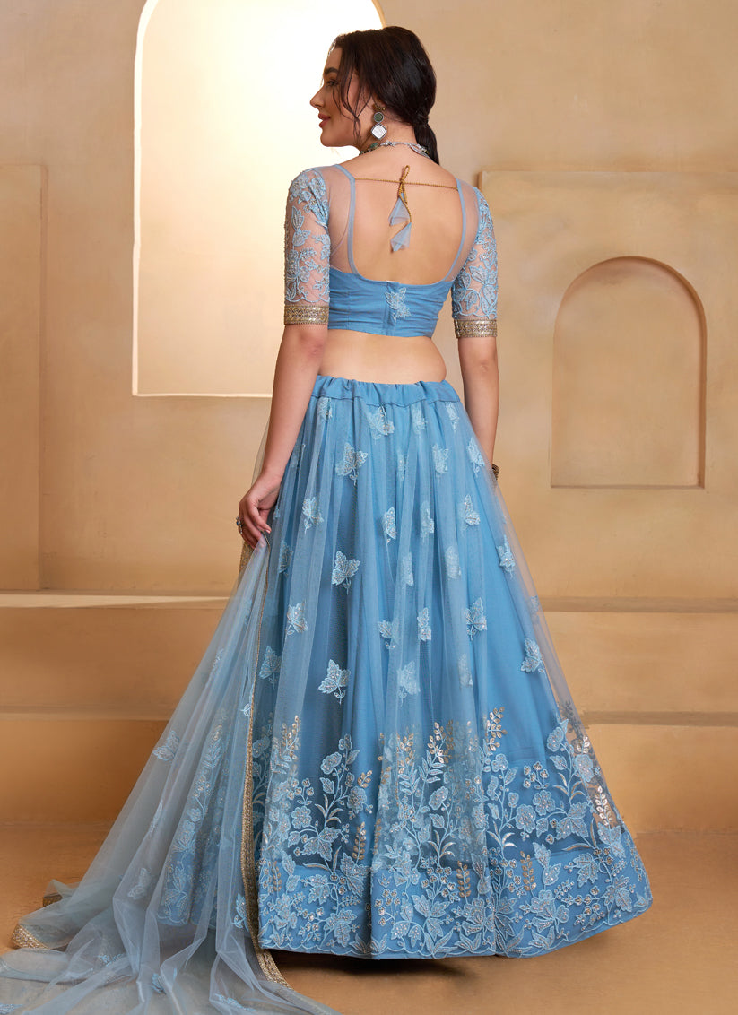 Elegant Mint Blue Net Designer Lehenga Choli with Bead Work
