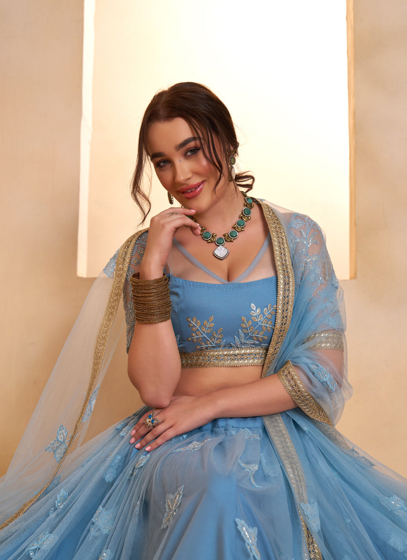 Elegant Mint Blue Net Designer Lehenga Choli with Bead Work